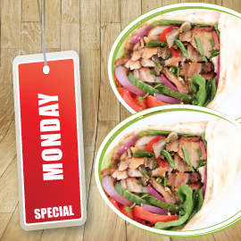 MONDAY SPECIAL - 2 CHICKEN SHAWARMA WRAPS (860 - 1040 Cals)